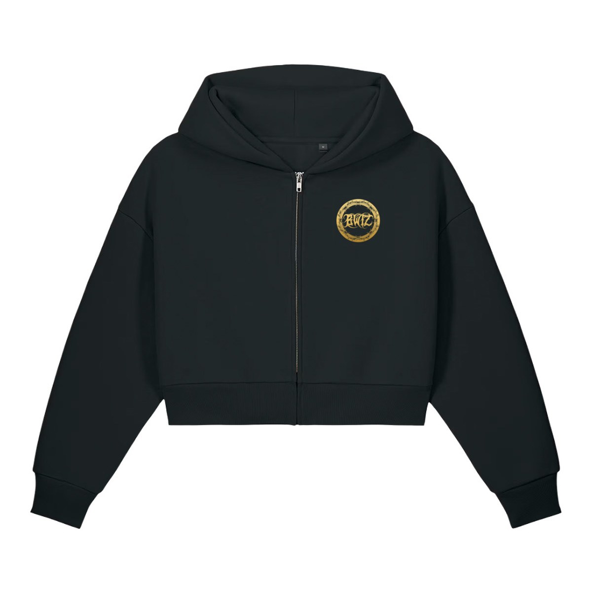 Bear Witness Cropped Zip Hoodie (Black) — Black / Gold