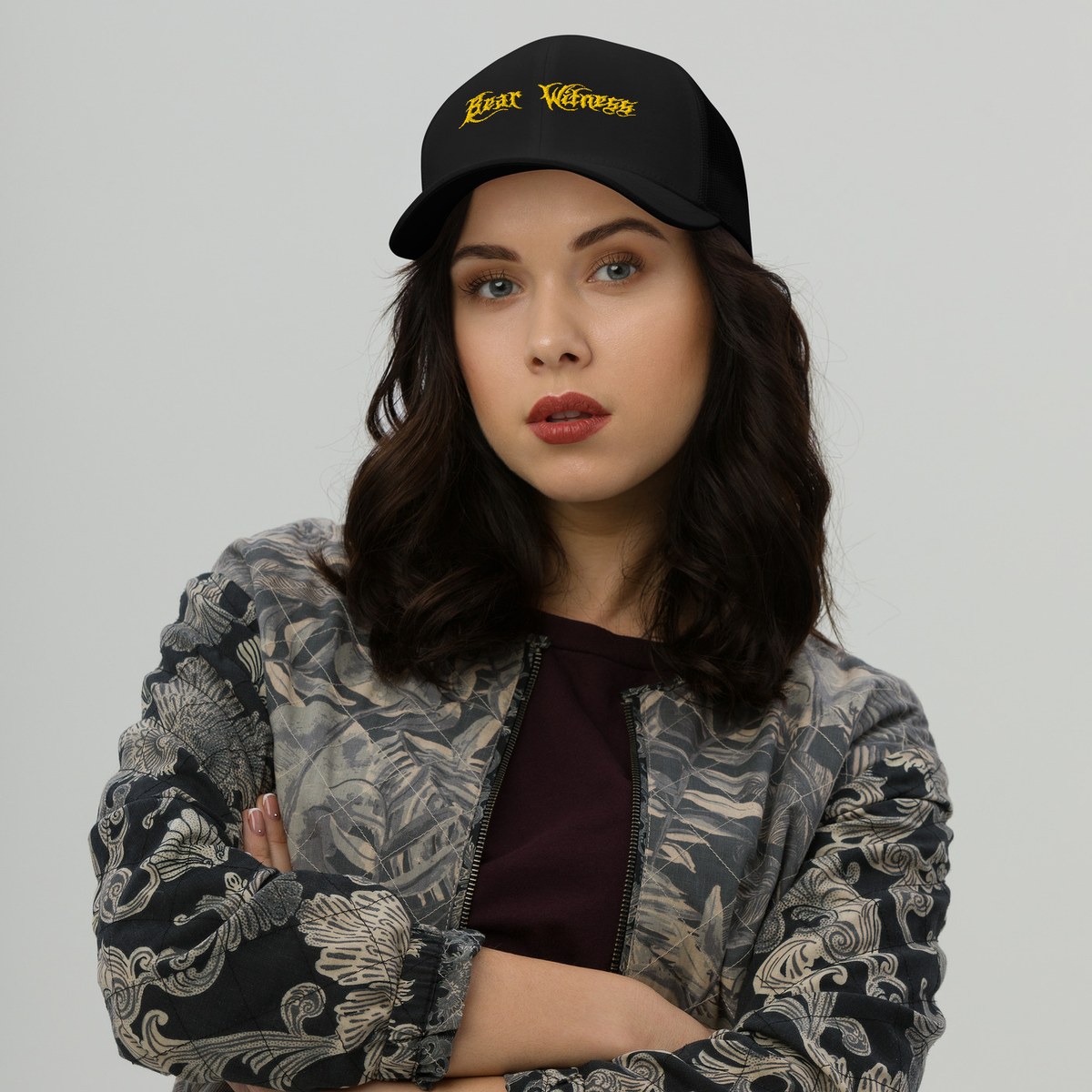 Bear Witness Retro Trucker Hat (Black) — Black / Gold