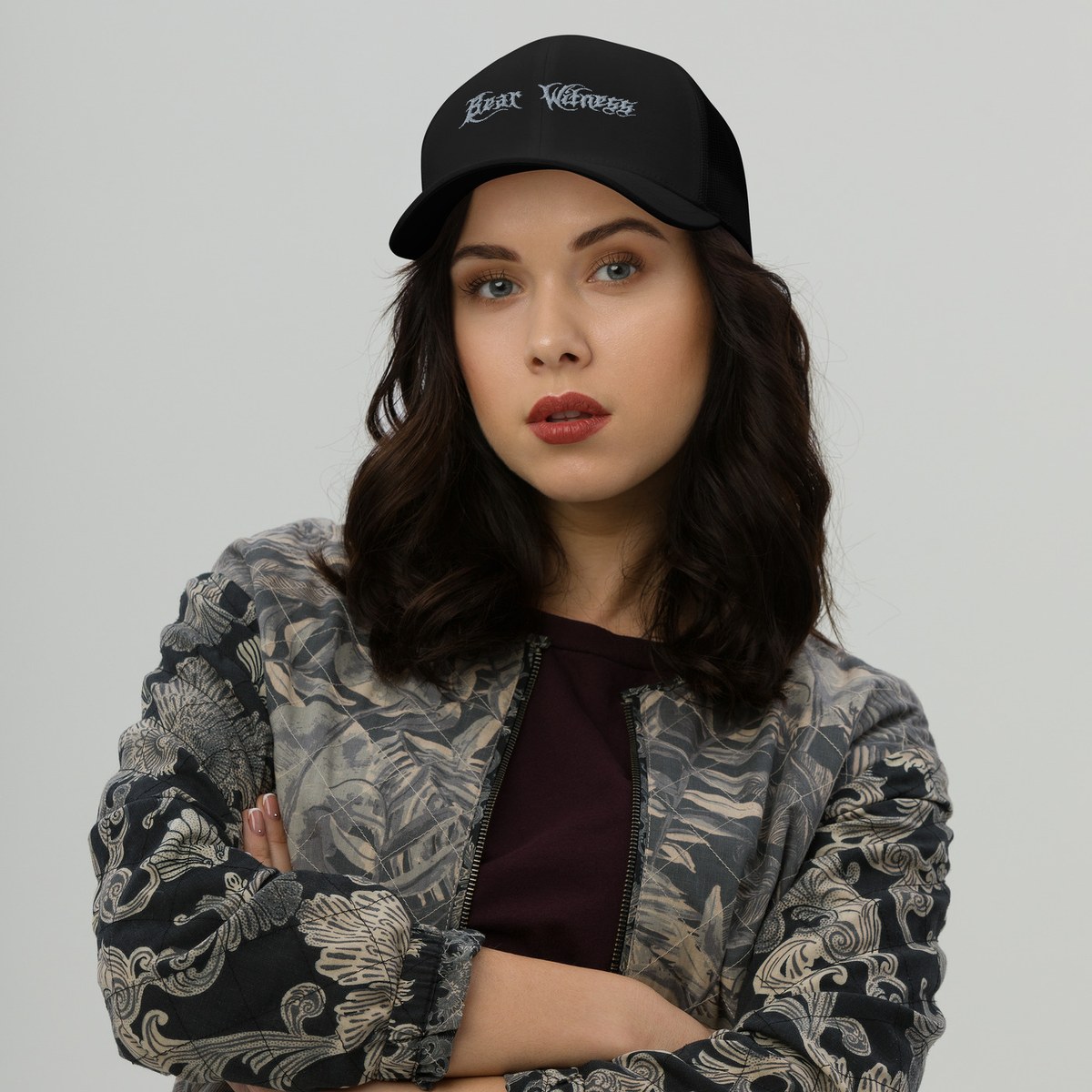 Bear Witness Retro Trucker Hat (Black) — Black / Silver