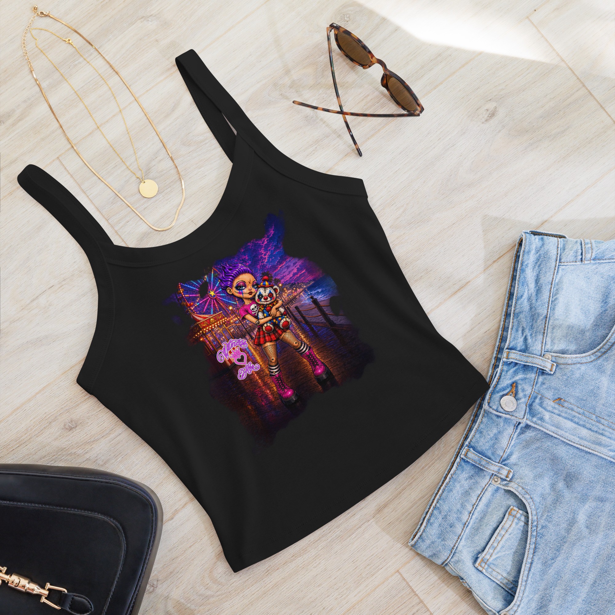 Witness Her — Carnival Clown Bear Women’s Micro-Rib Tank — Black