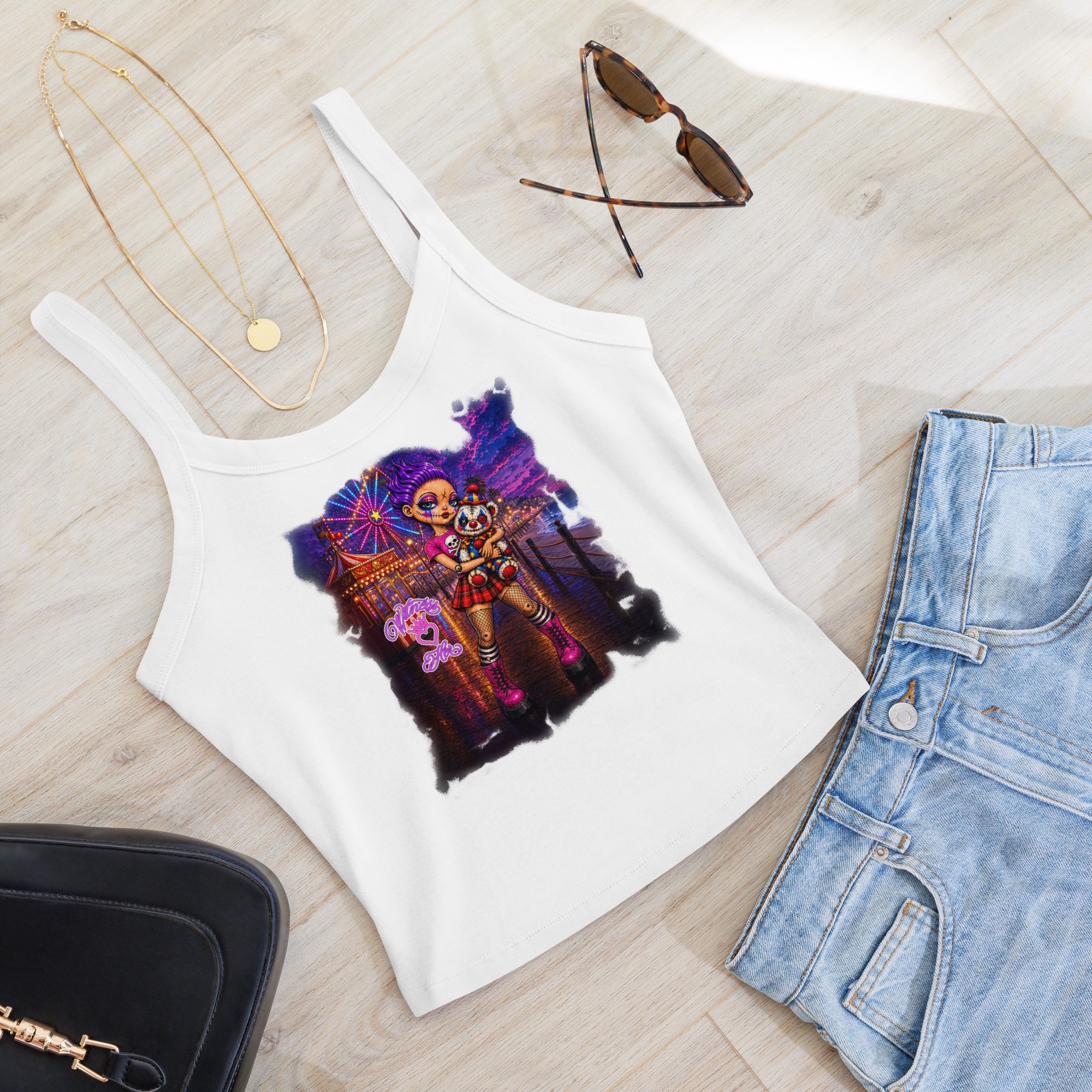 Witness Her — Carnival Clown Bear Women’s Micro-Rib Tank — Black