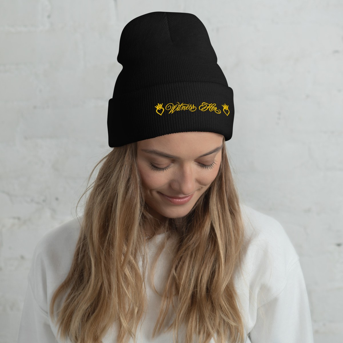 Witness Her — Cuffed Beanie (Black) — Black / Gold