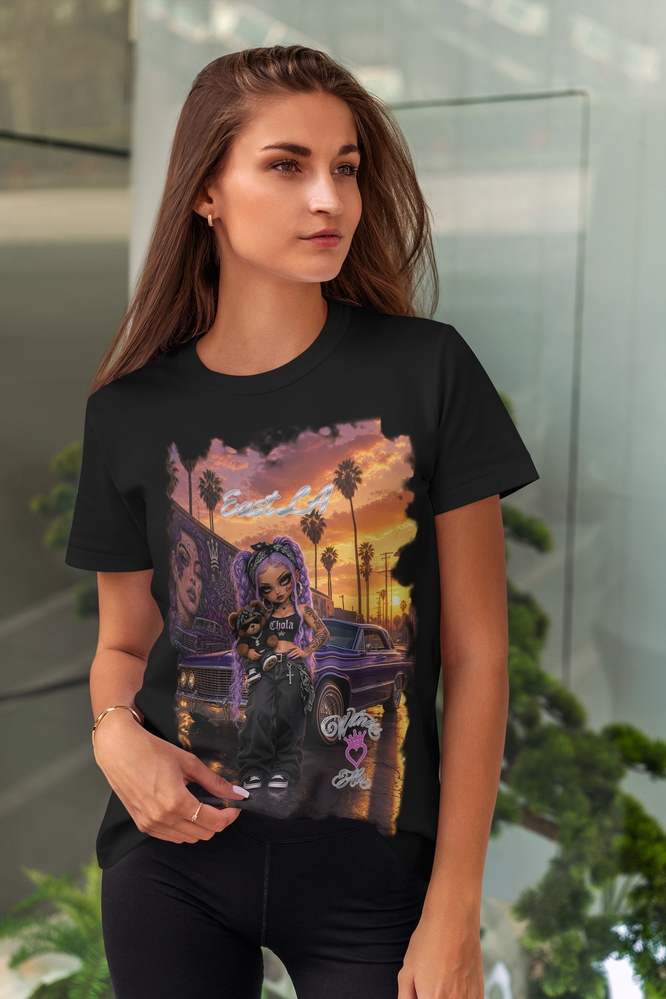Witness Her — East LA Mural Sunset Chola Women’s Tee — Black