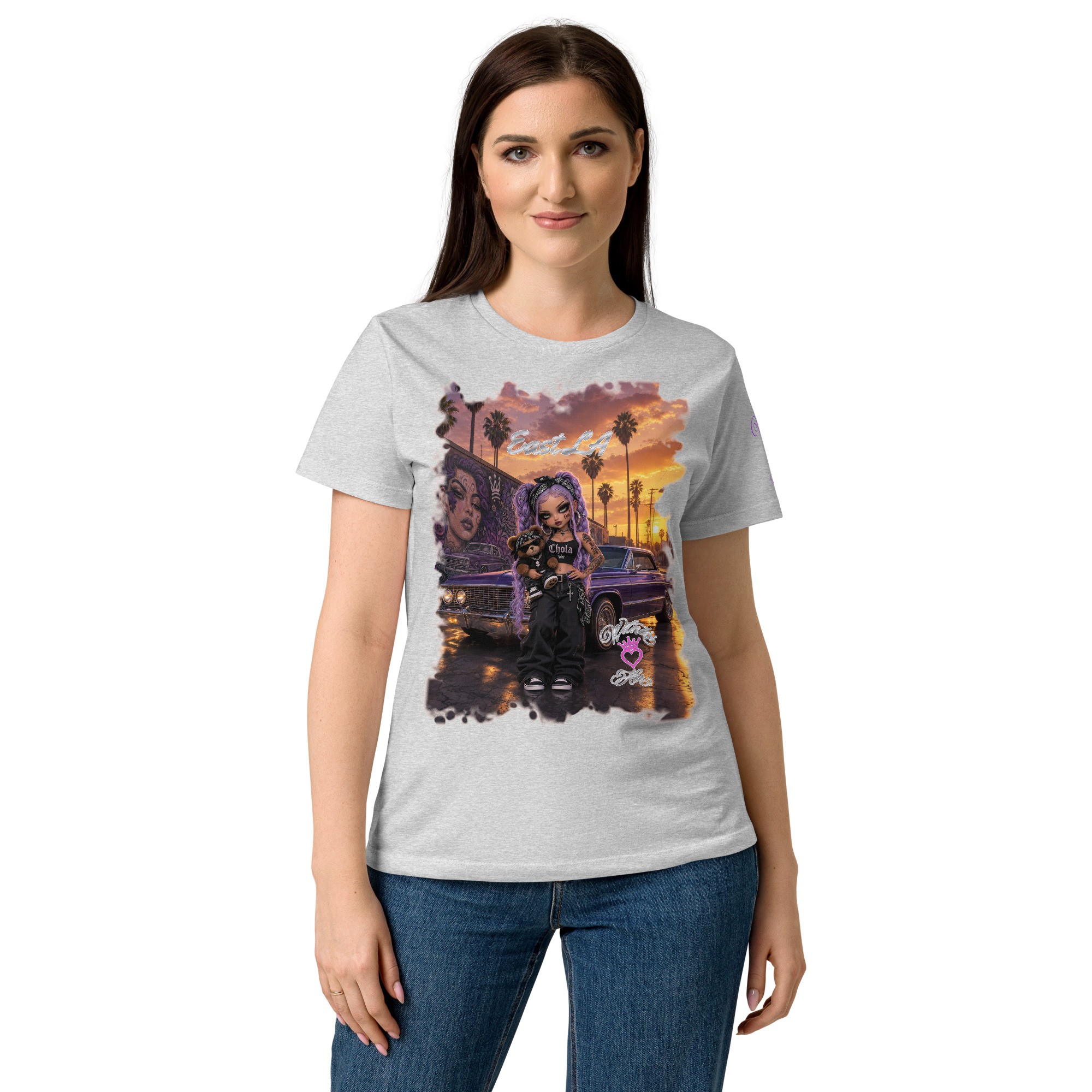 Witness Her — East LA Mural Sunset Chola Women’s Tee — Sport Grey