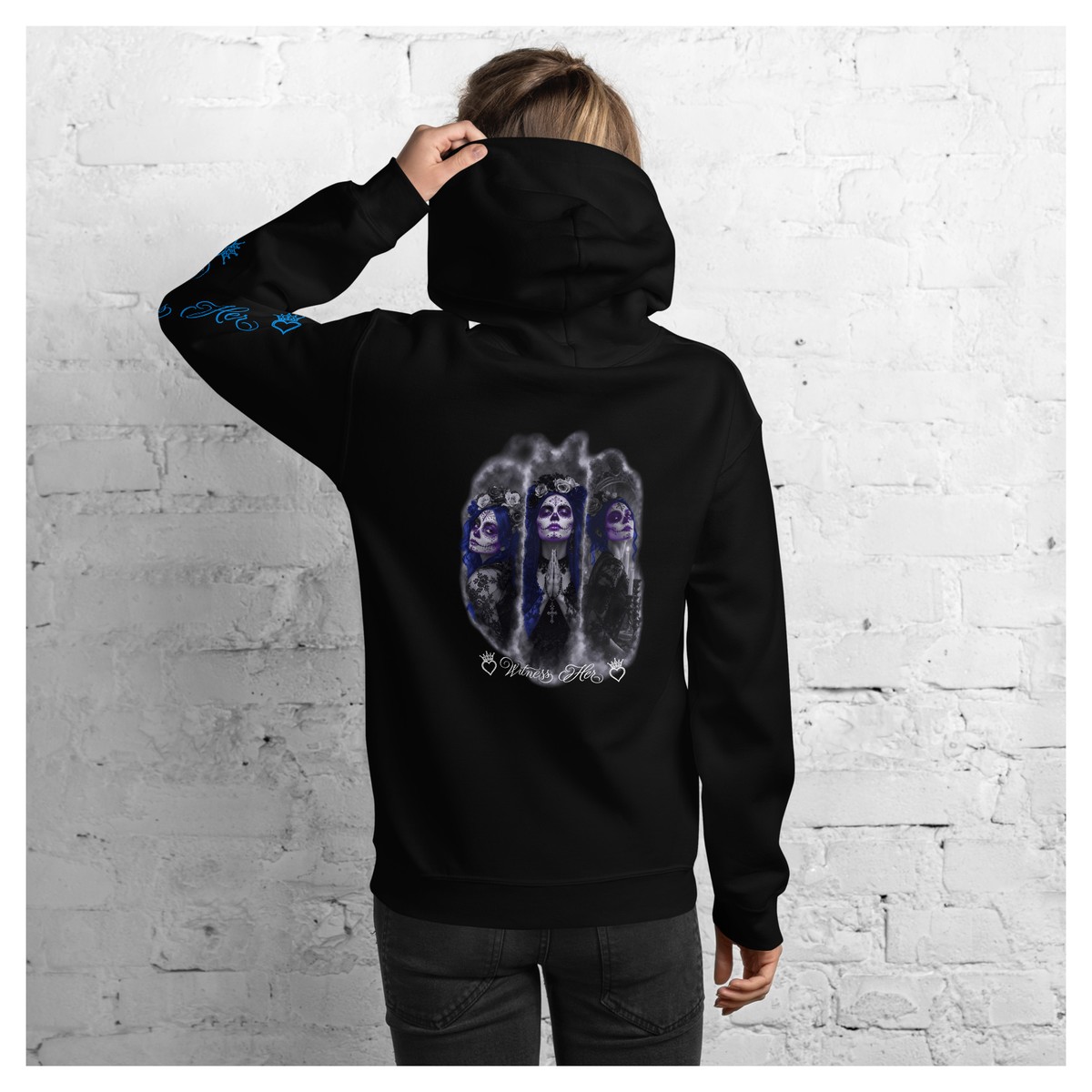 Witness Her — Praying Sugar Skull Hoodie (Black) — Black / Blue Hair