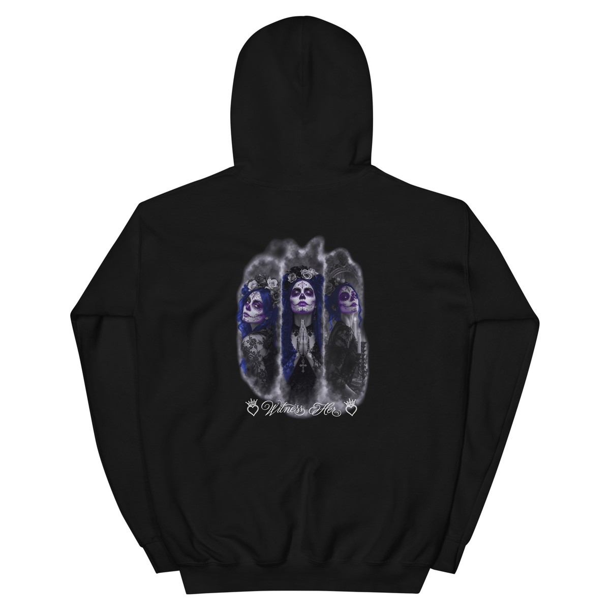 Witness Her — Praying Sugar Skull Hoodie (Black) — Black / Blue Hair