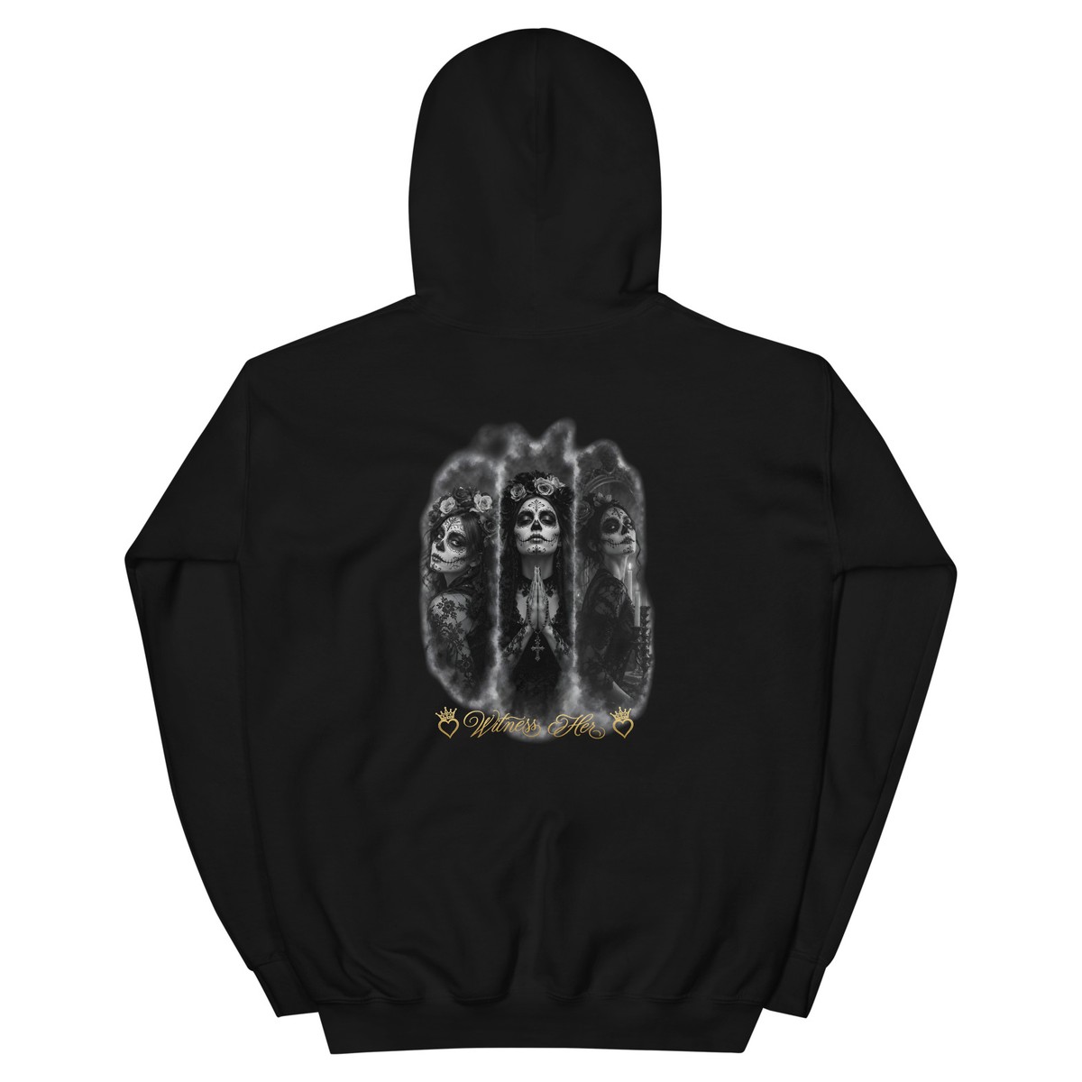 Witness Her — Praying Sugar Skull Hoodie (Black) — Black / Gold