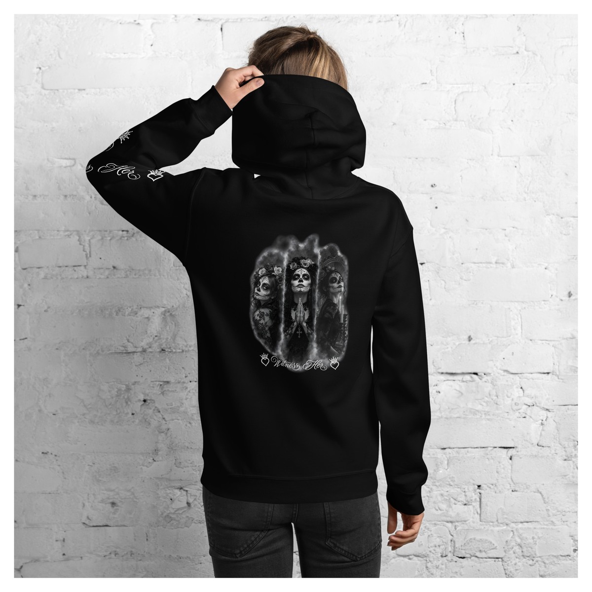 Witness Her — Praying Sugar Skull Hoodie (Black) — Black / Plain Black & White