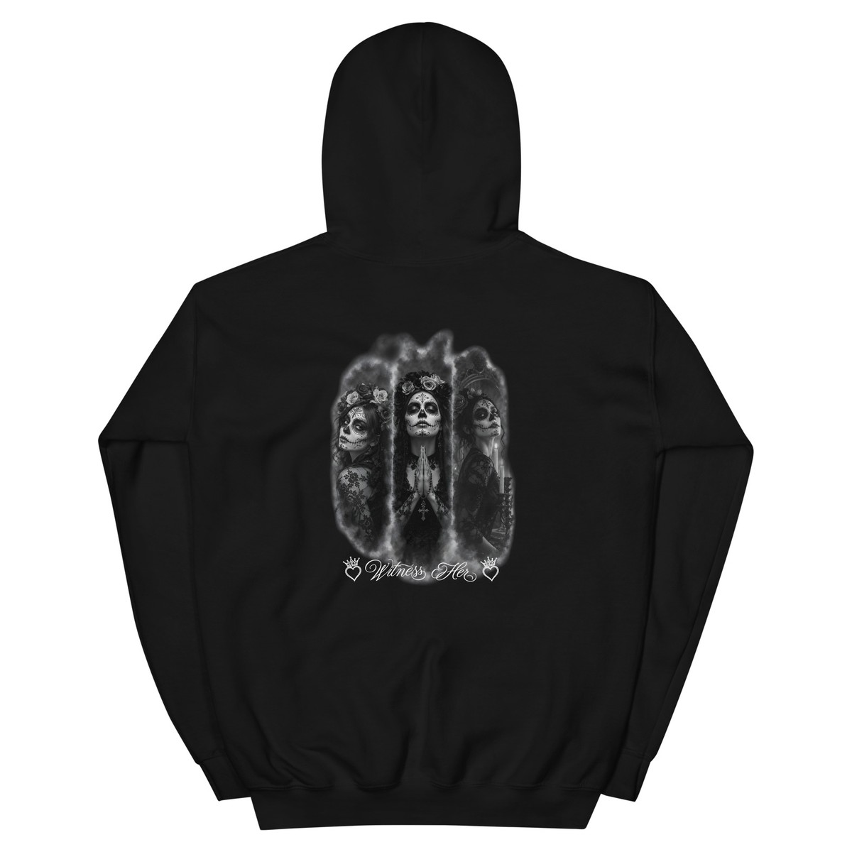 Witness Her — Praying Sugar Skull Hoodie (Black) — Black / Plain Black & White