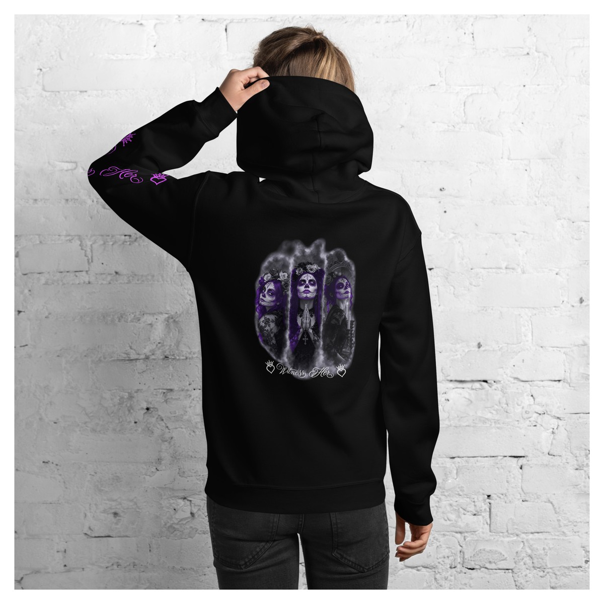 Witness Her — Praying Sugar Skull Hoodie (Black) — Black / Purple Hair