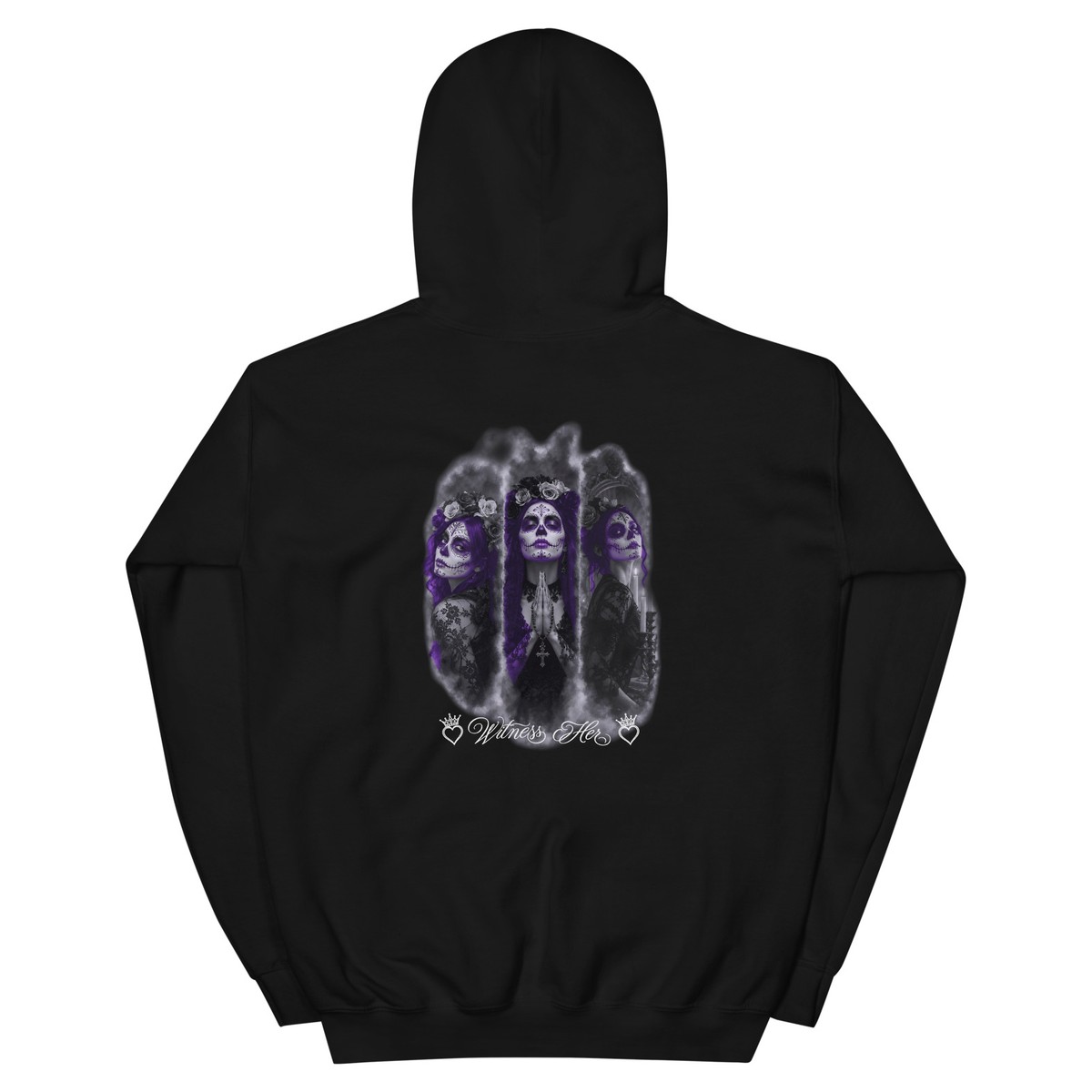 Witness Her — Praying Sugar Skull Hoodie (Black) — Black / Purple Hair