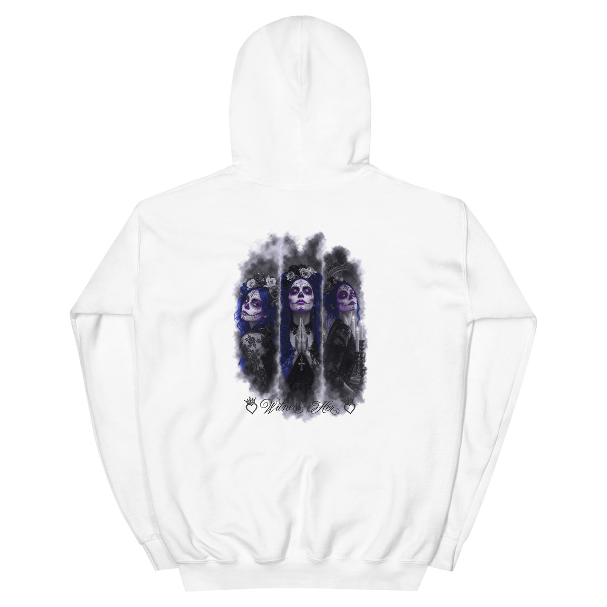 Witness Her — Praying Sugar Skull Hoodie (Black) — White / Blue Hair
