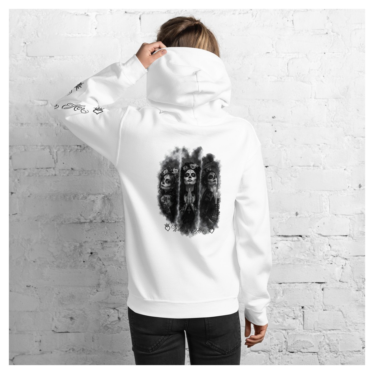 Witness Her — Praying Sugar Skull Hoodie (Black) — White / Plain Black & White