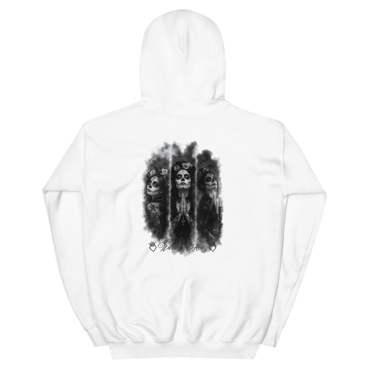 Witness Her — Praying Sugar Skull Hoodie (Black) — White / Plain Black & White
