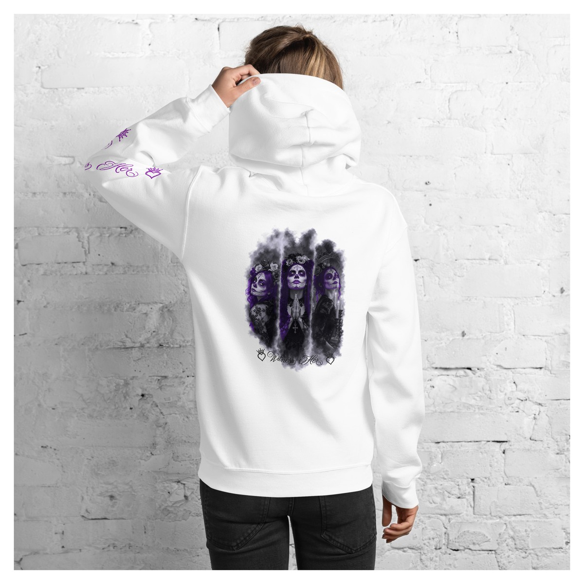 Witness Her — Praying Sugar Skull Hoodie (Black) — White / Purple Hair