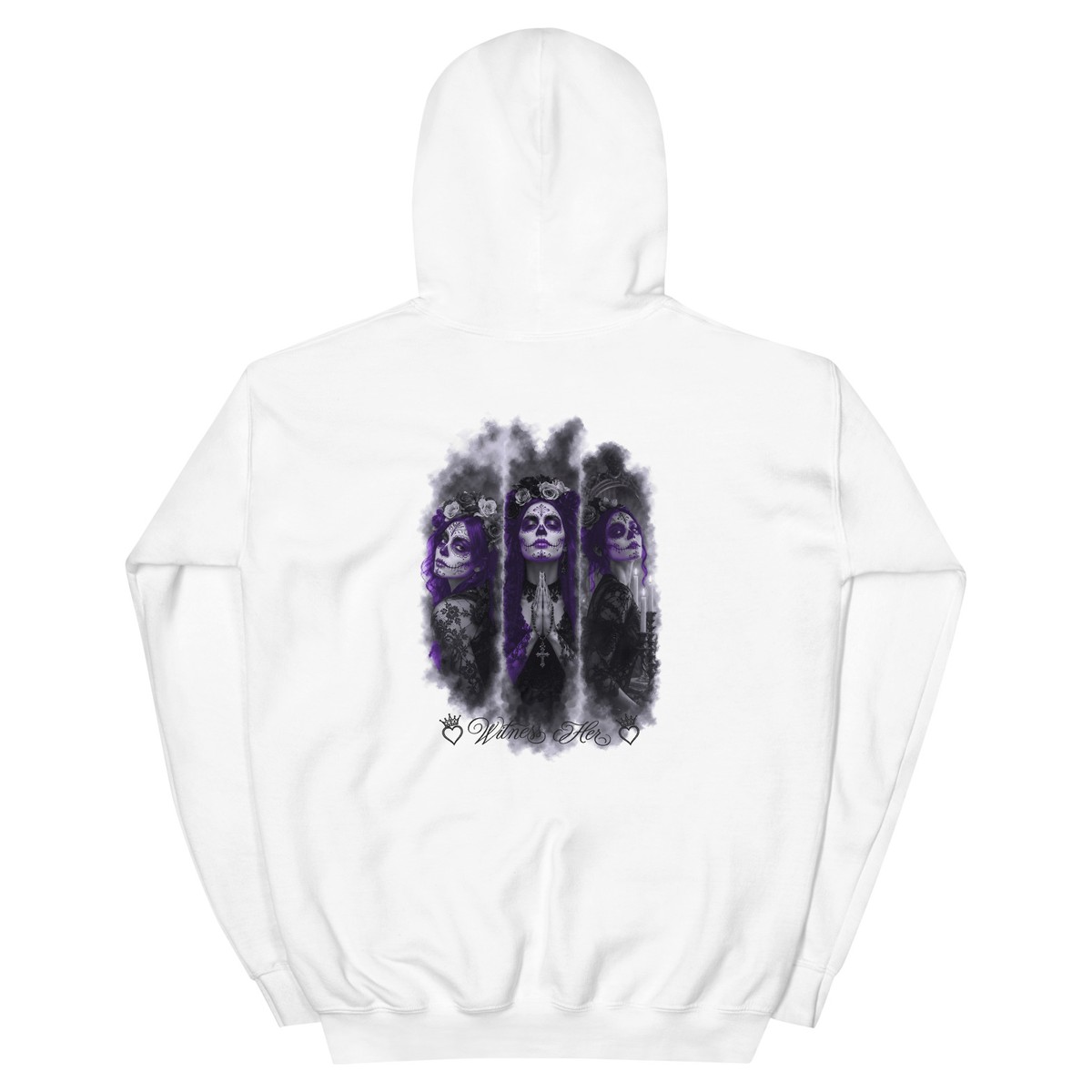 Witness Her — Praying Sugar Skull Hoodie (Black) — White / Purple Hair