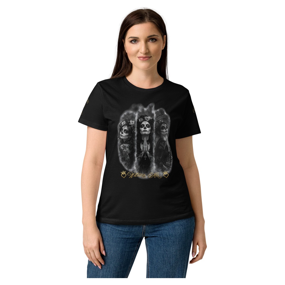 Witness Her — Praying Women’s Tee (Black) — Black / Gold