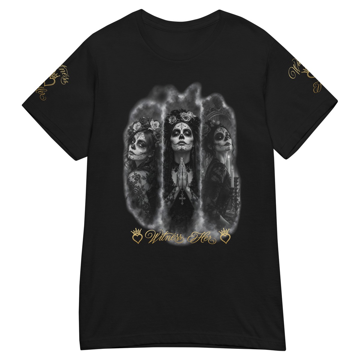 Witness Her — Praying Women’s Tee (Black) — Black / Gold