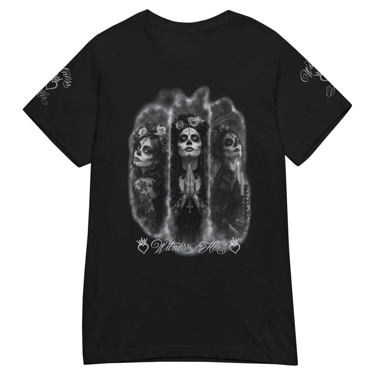 Witness Her — Praying Women’s Tee (Black) — Black / Silver