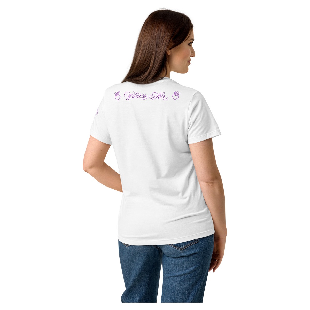 Witness Her — Praying Women’s Tee (Black) — White / Purple