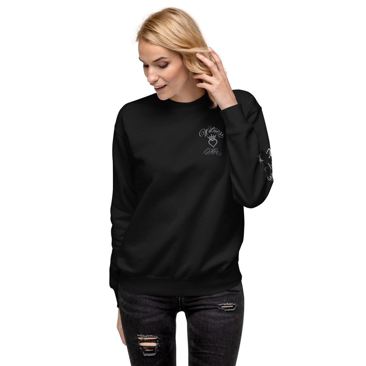 Witness Her — Premium Crewneck (Black) — Black / Silver