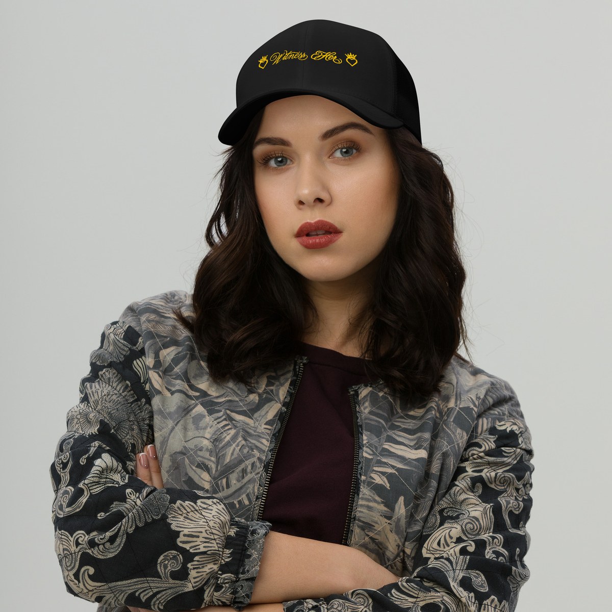 Witness Her — Retro Trucker Hat (Black) — Black / Gold
