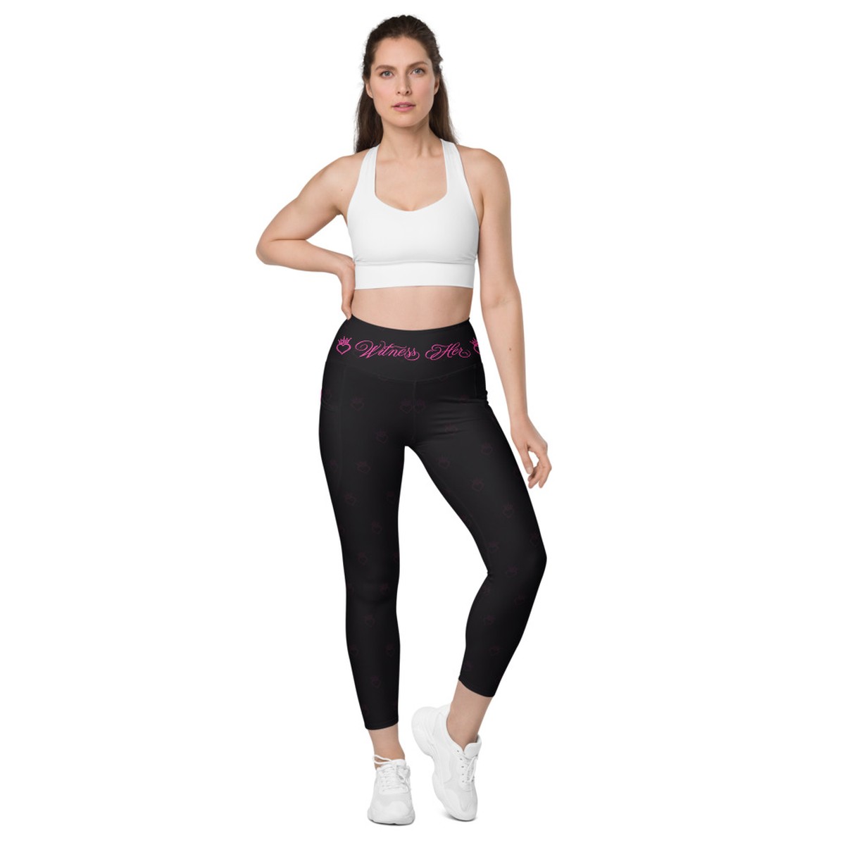 Witness Her Running Leggings with Pockets — Black / Neon Pink