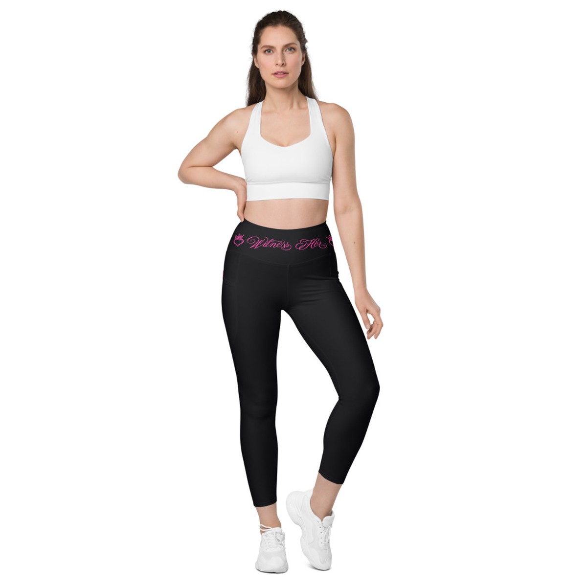 Witness Her Running Leggings with Pockets — Black / Neon Pink Clean Stripe