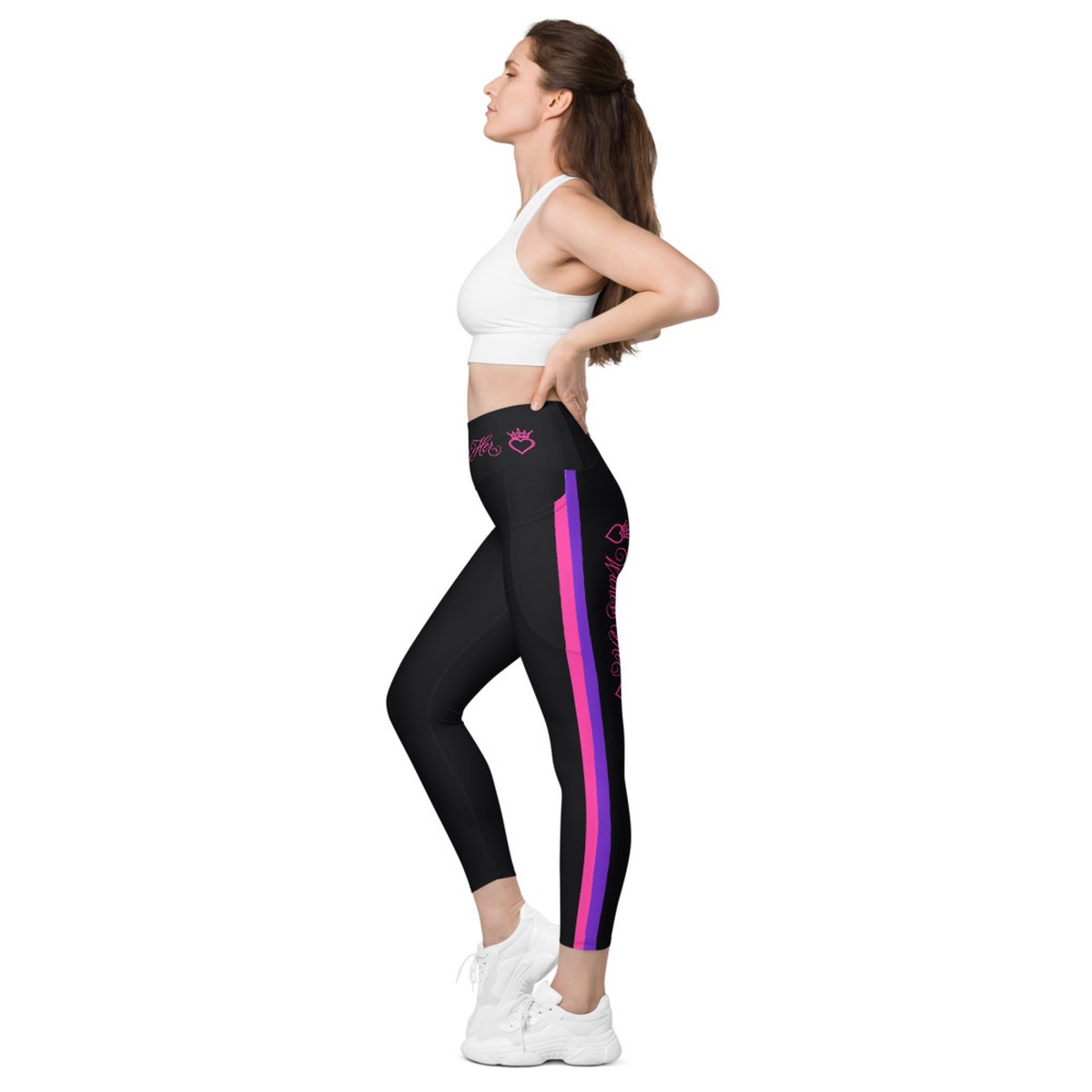 Witness Her Running Leggings with Pockets — Black / Neon Pink Clean Stripe