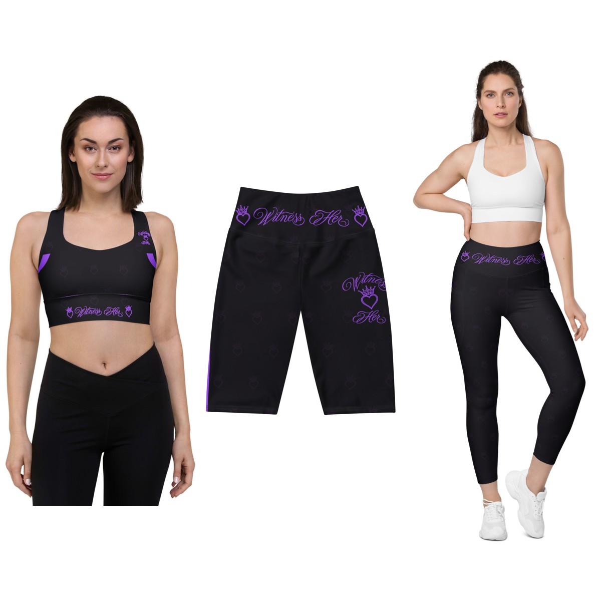 Witness Her Running Set — 3-Piece (Bra + Biker Shorts + Leggings) — Black / Purple