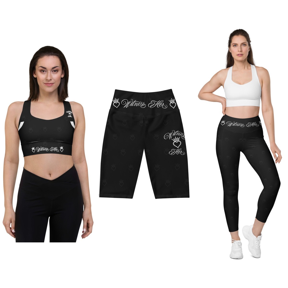 Witness Her Running Set — 3-Piece (Bra + Biker Shorts + Leggings) — Black / White