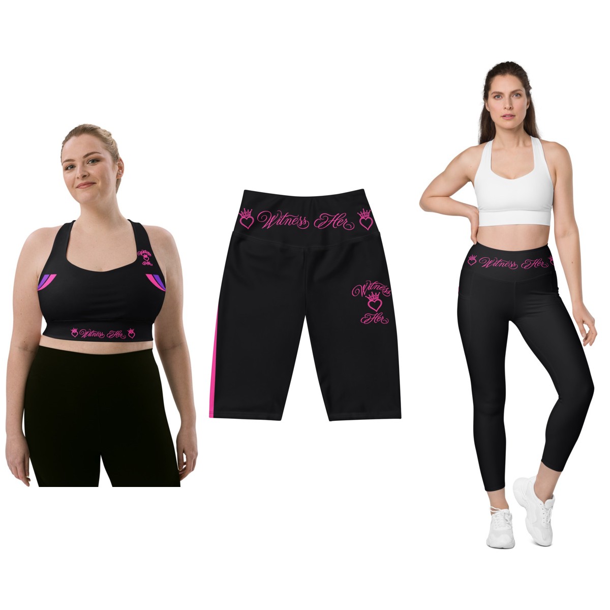 Witness Her Running Set — 3-Piece (Bra + Biker Shorts + Leggings) — Black / Neon Pink Clean Stripe
