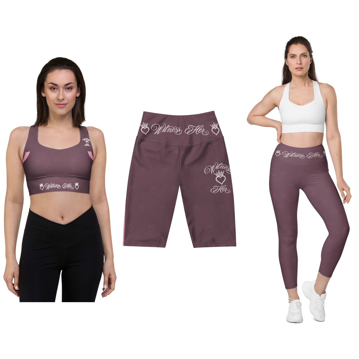 Witness Her Running Set — 3-Piece (Bra + Biker Shorts + Leggings) — Mauve / Rose