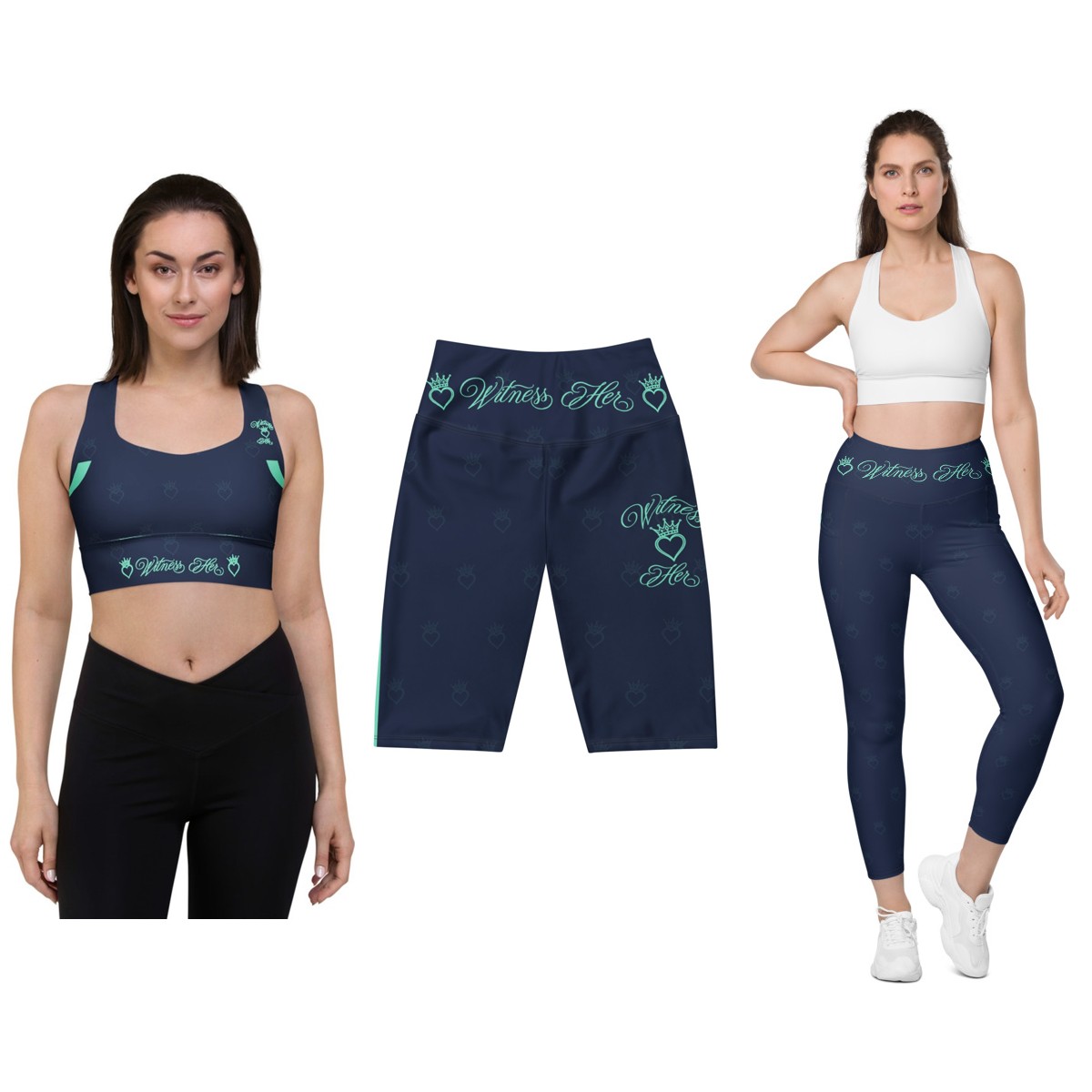 Witness Her Running Set — 3-Piece (Bra + Biker Shorts + Leggings) — Navy / Mint