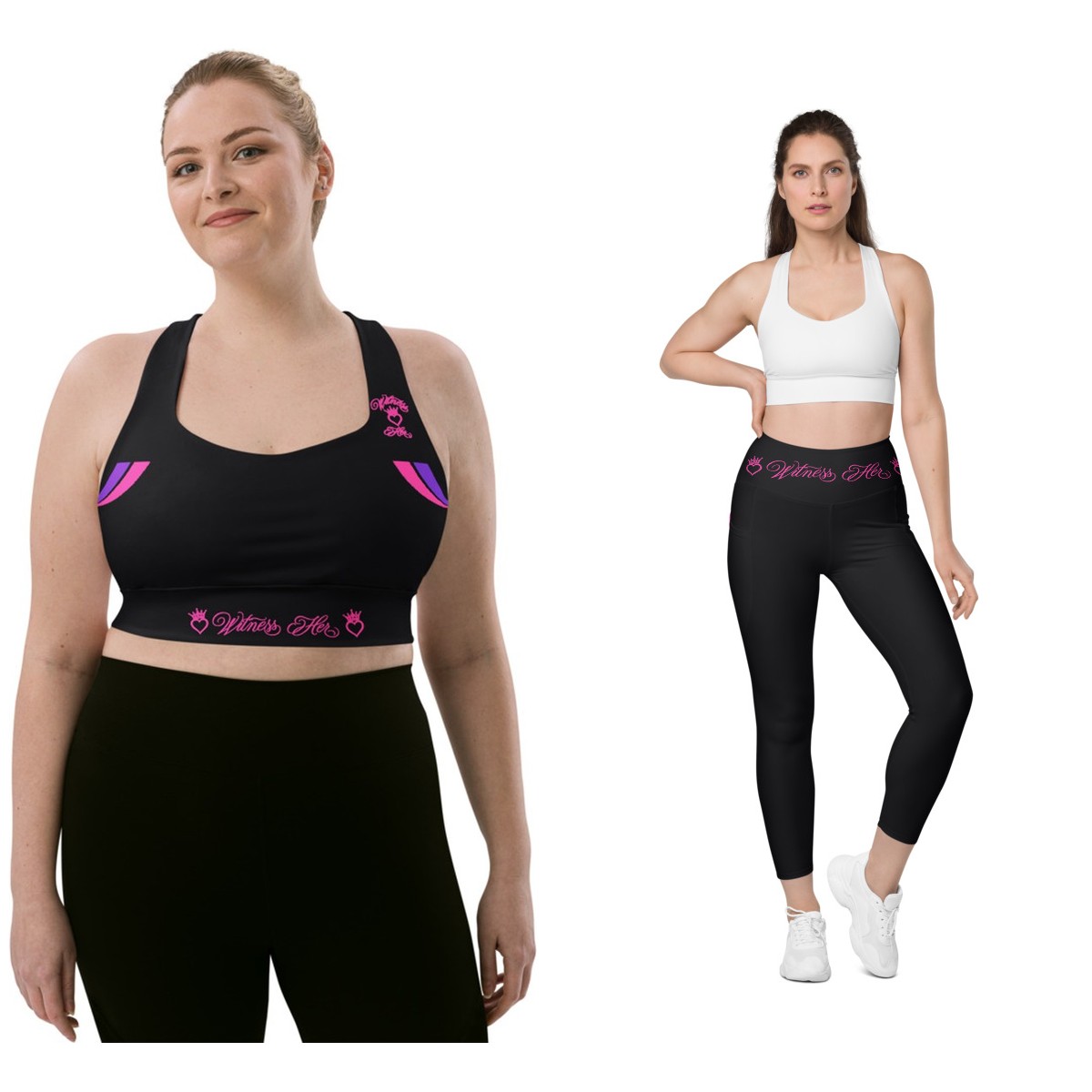 Witness Her Running Set — Sports Bra + Leggings — Black / Neon Pink Clean Stripe