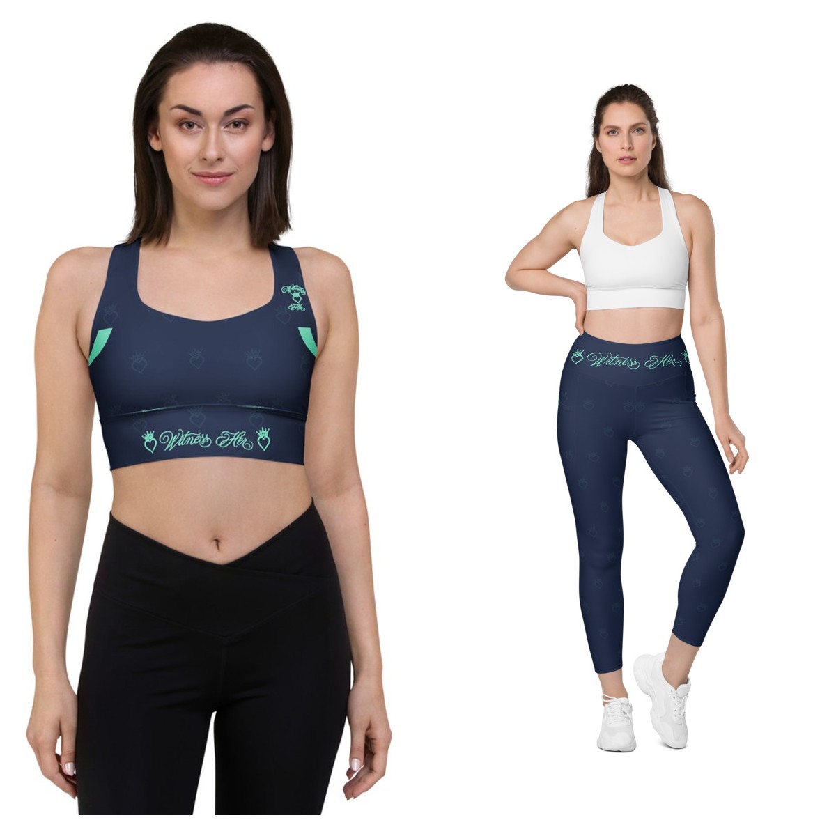 Witness Her Running Set — Sports Bra + Leggings — Navy / Mint