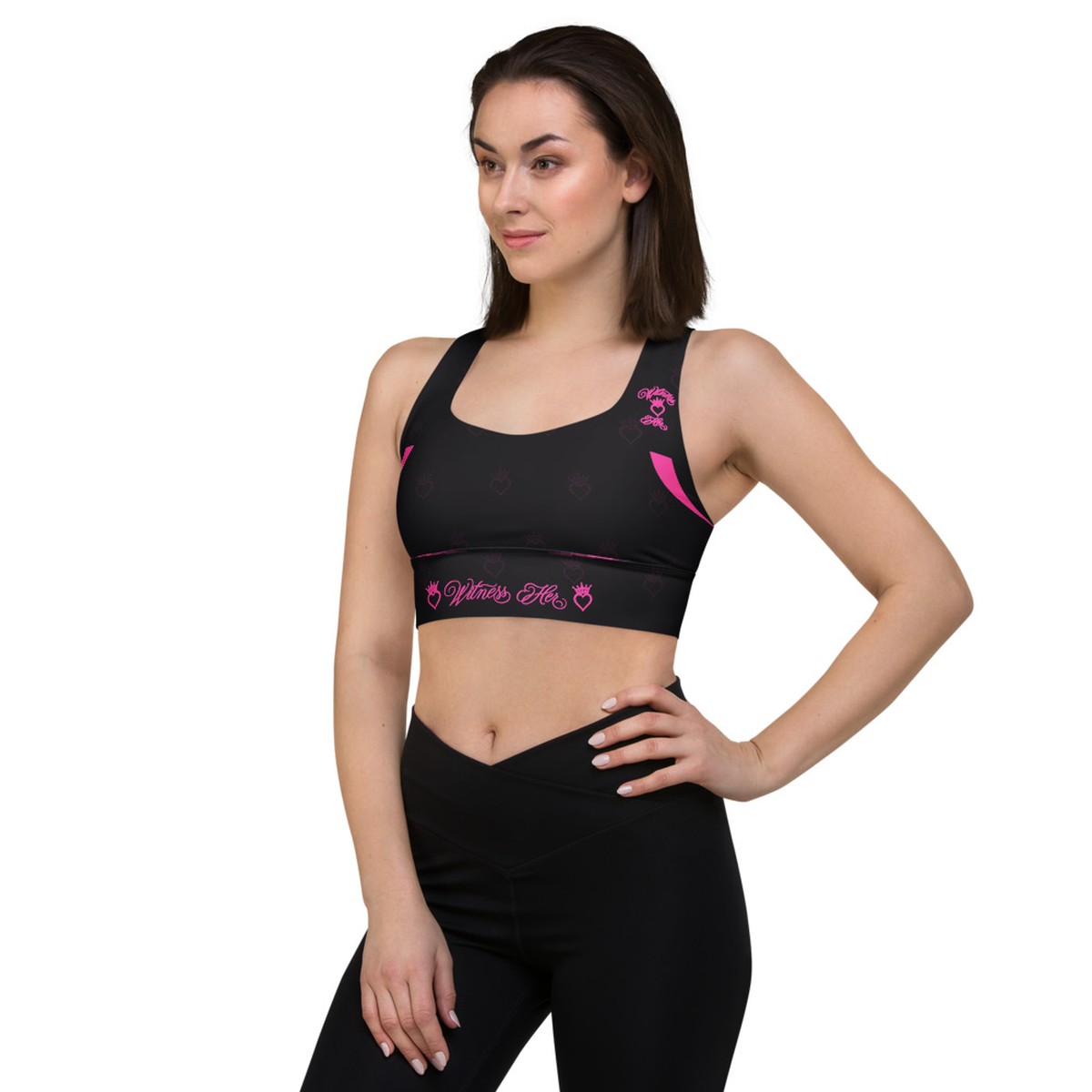 Witness Her Running Longline Sports Bra — Black / Neon Pink