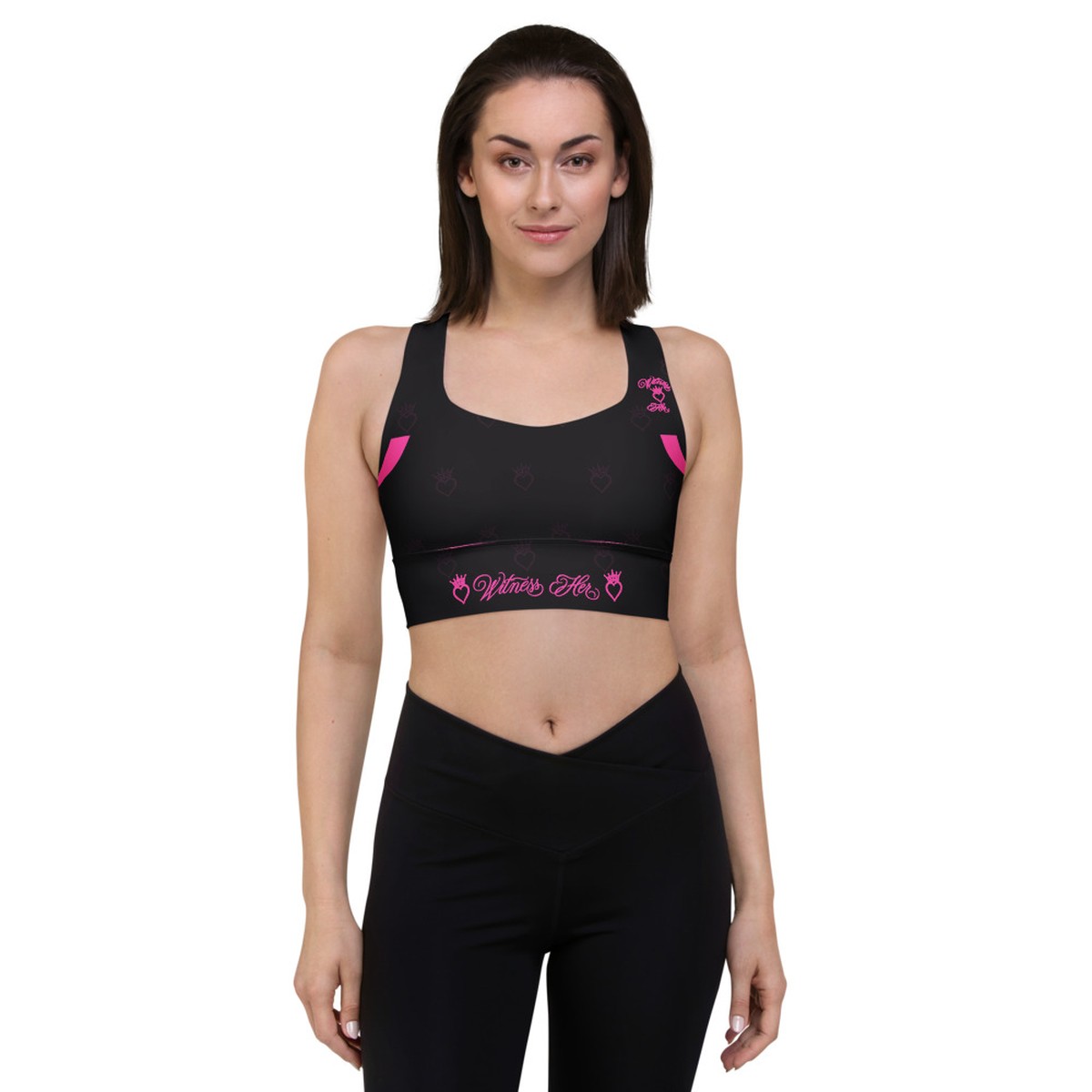 Witness Her Running Longline Sports Bra — Black / Neon Pink