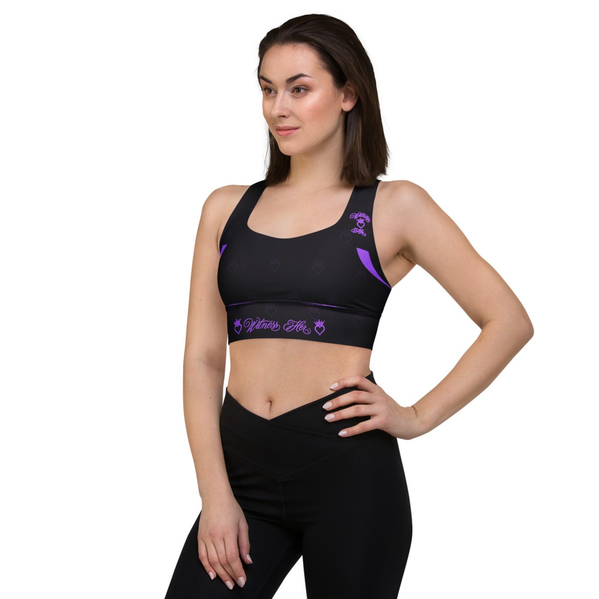 Witness Her Running Longline Sports Bra — Black / Purple