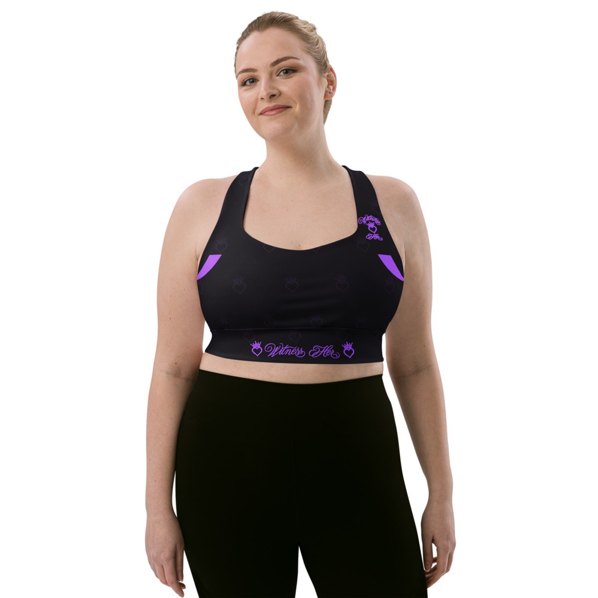 Witness Her Running Longline Sports Bra — Black / Purple