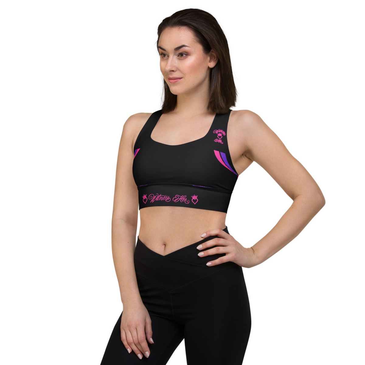 Witness Her Running Longline Sports Bra — Black / Neon Pink Clean Stripe