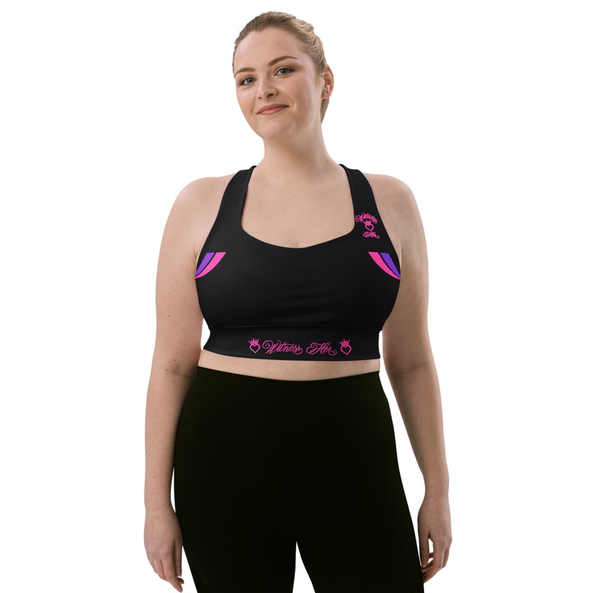 Witness Her Running Longline Sports Bra — Black / Neon Pink Clean Stripe
