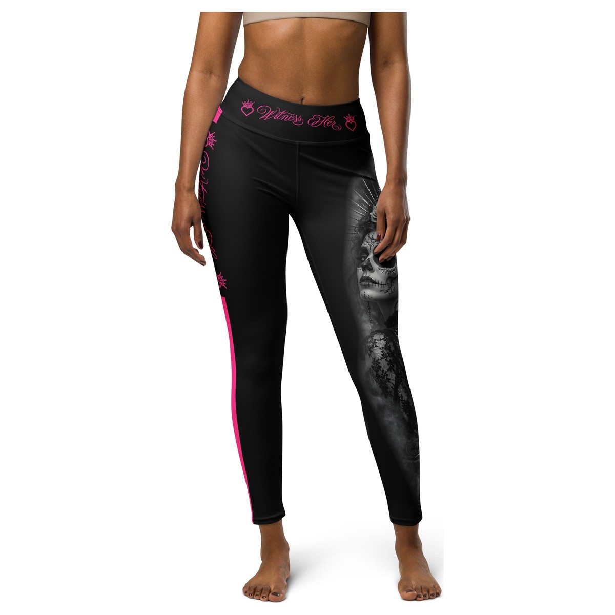 Witness Her Sugar Skull Leggings — Crown (Black) — Black / Neon Pink