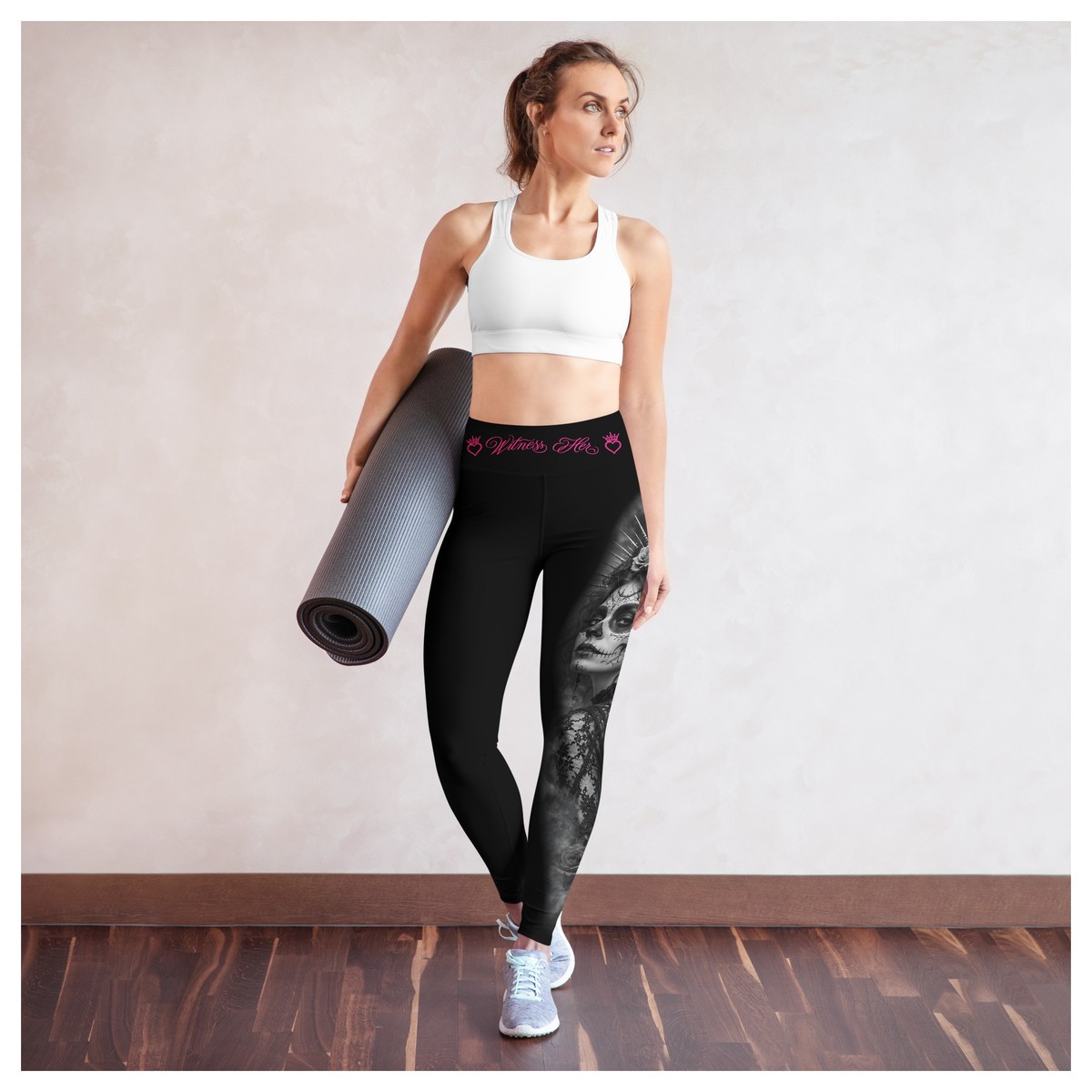 Witness Her Sugar Skull Leggings — Crown (Black) — Black / Neon Pink