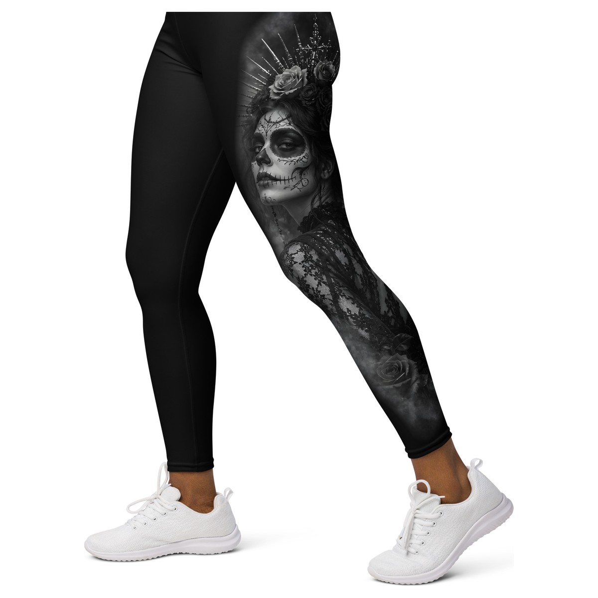 Witness Her Sugar Skull Leggings — Crown (Black) — Black / Neon Pink