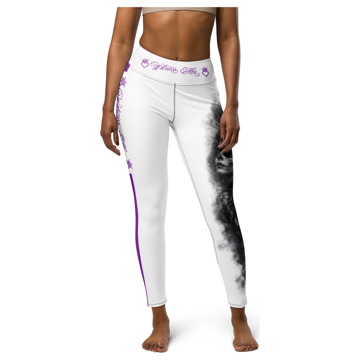 Witness Her Sugar Skull Leggings — Crown (Black) — White / Purple