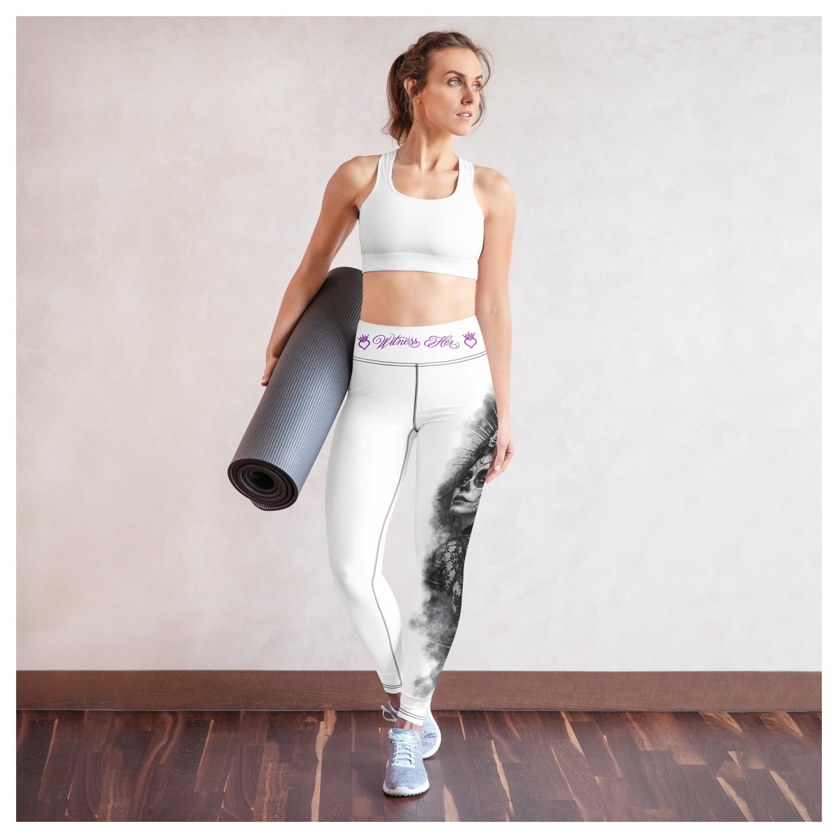 Witness Her Sugar Skull Leggings — Crown (Black) — White / Purple