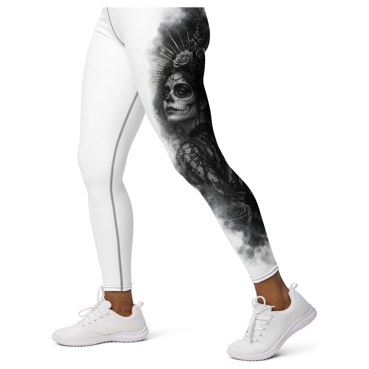 Witness Her Sugar Skull Leggings — Crown (Black) — White / Purple