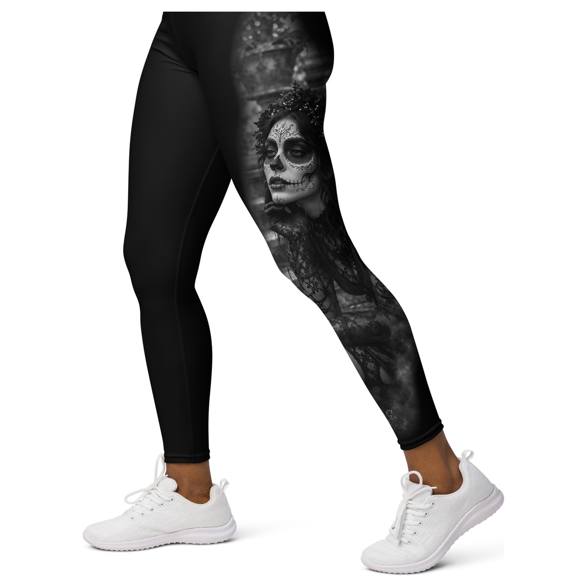 Witness Her Sugar Skull Leggings — Stairs (Black) — Black / White