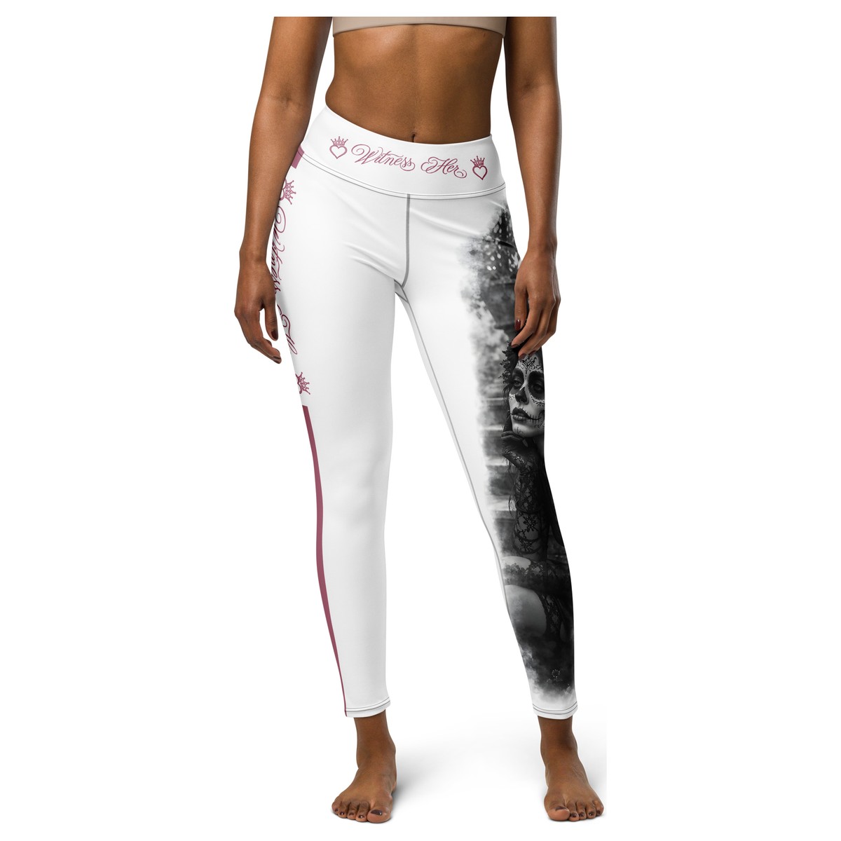 Witness Her Sugar Skull Leggings — Stairs (Black) — White / Mauve Rose